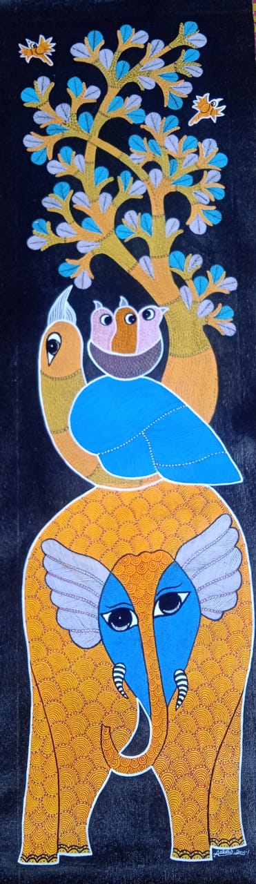 The Elephant, Peacock, and Sacred Tree - Gond Painting   Paintings