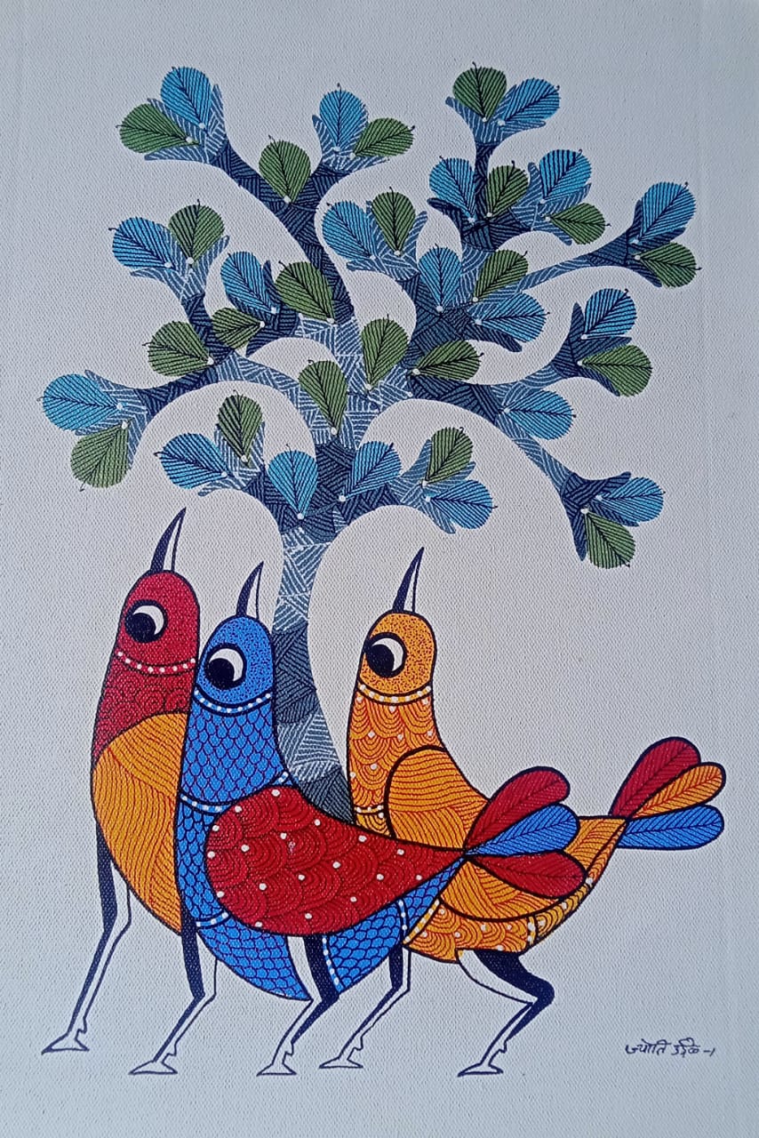 Harmony of Three Birds – Vibrant Gond Tribal Art Painting with Tree of Life   Paintings