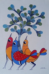 Harmony of Three Birds – Vibrant Gond Tribal Art Painting with Tree of Life   Paintings