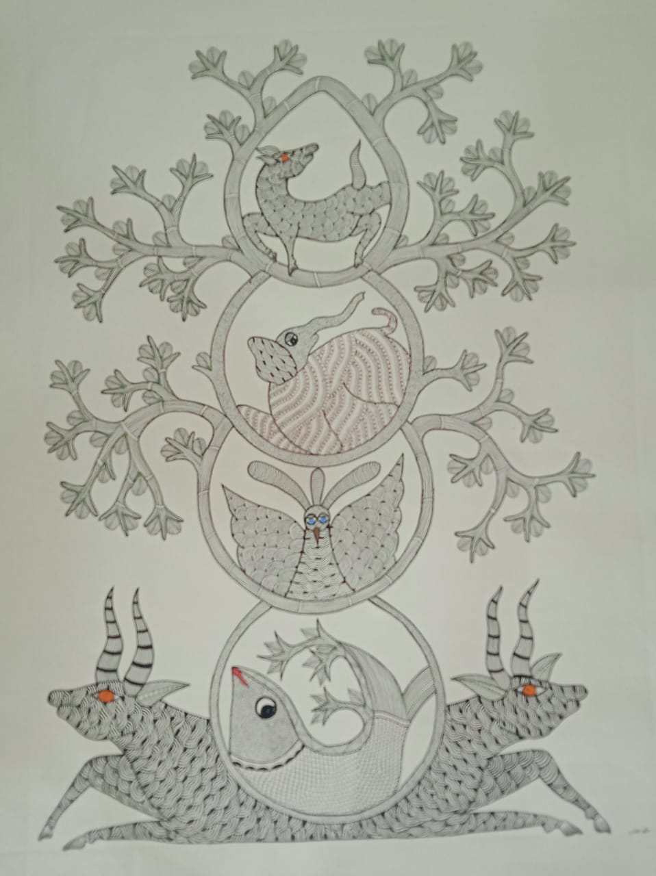 Gond Art Painting of Deer, Fish, Butterfly & Bird in Nature   Paintings