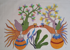 Twin Birds of Harmony Gond Painting   Paintings