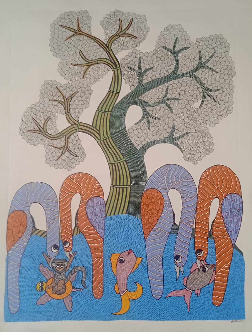 Tree of Life with Aquatic Creatures Gond Painting   Paintings