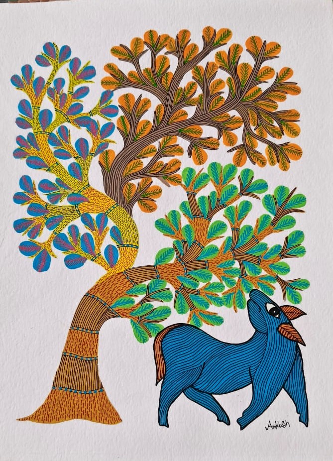 Sacred Tree & Blue Deer Gond Painting   Paintings