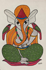 Vibrant Tribal Lord Ganesha with Parrots - Gond Painting   Paintings