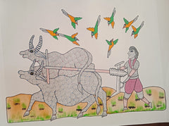 Farmer with Oxen and Birds Gond Art Painting   Paintings
