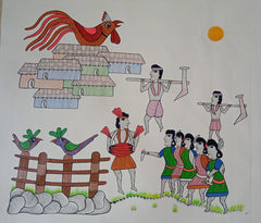 Village Life and Morning Harvest - Gond Art Painting   Paintings
