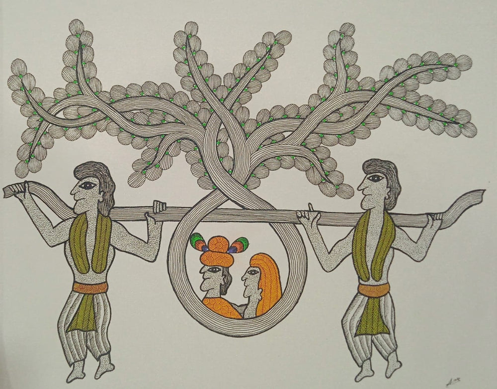 Symmetrical Twin Cranes - Gond Painting   Paintings