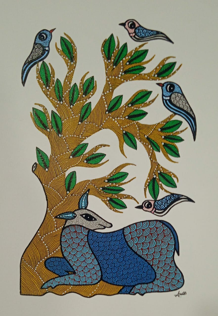 Resting Deer under Sacred Tree - Gond Painting   Paintings