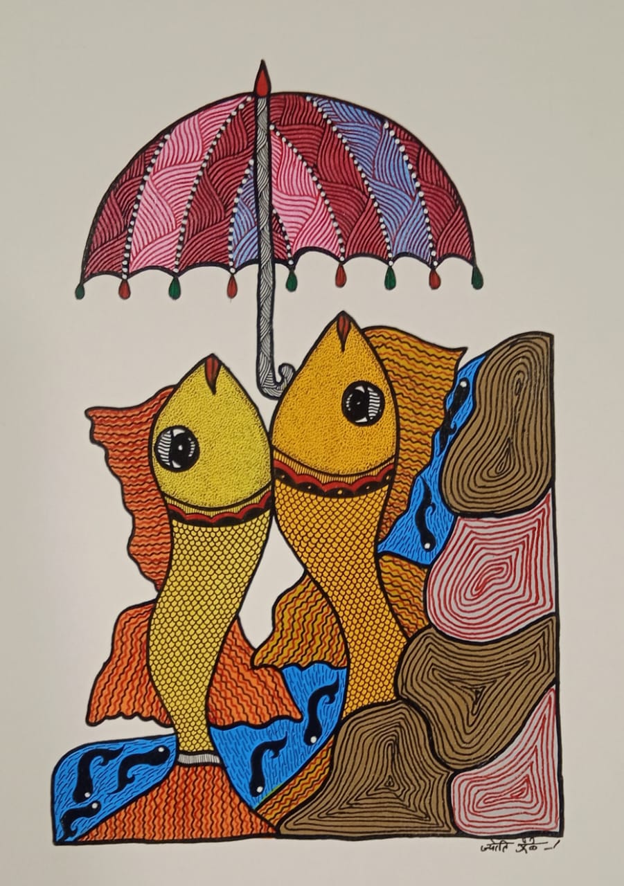 Golden Fish under Decorative Parasol Gond Painting   Paintings