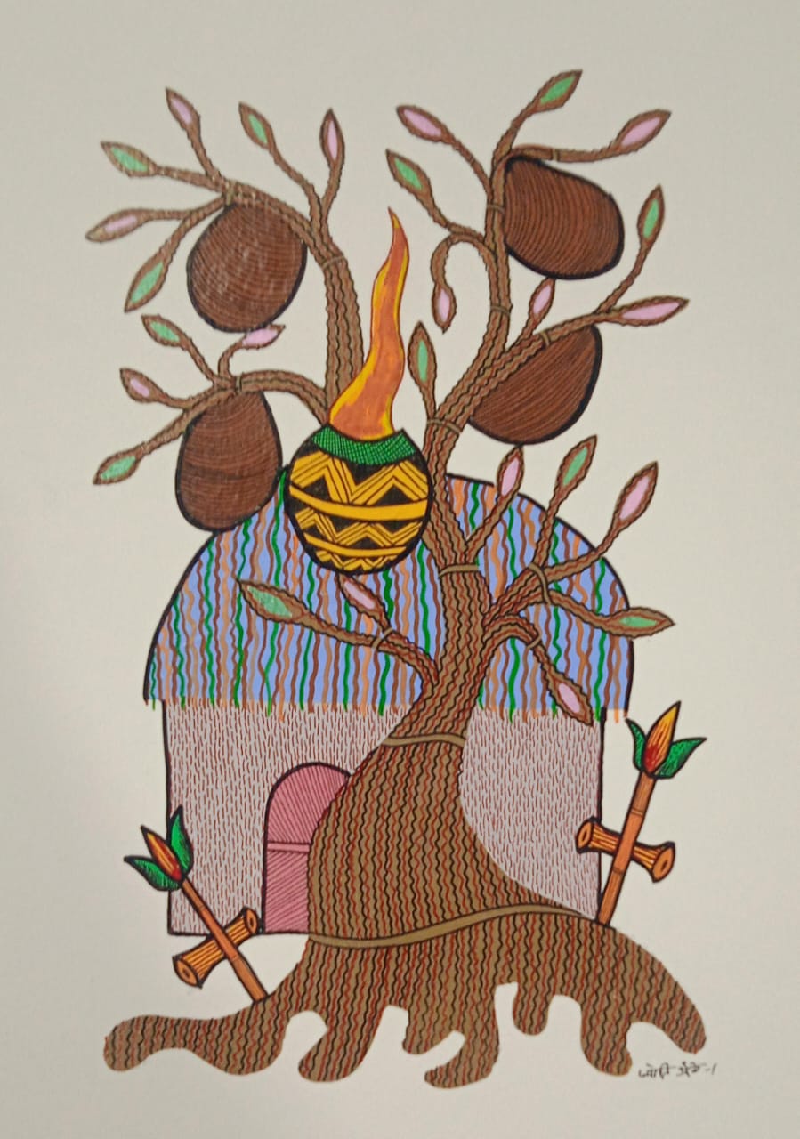 The Sacred Village Home & Harvest Tree - Gond Painting   Paintings