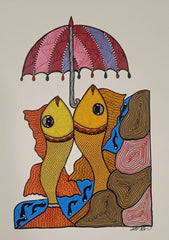 Golden Fish under Decorative Parasol Gond Painting   Paintings