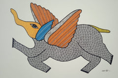 The Mythical Winged Elephant - Gond Painting   Paintings