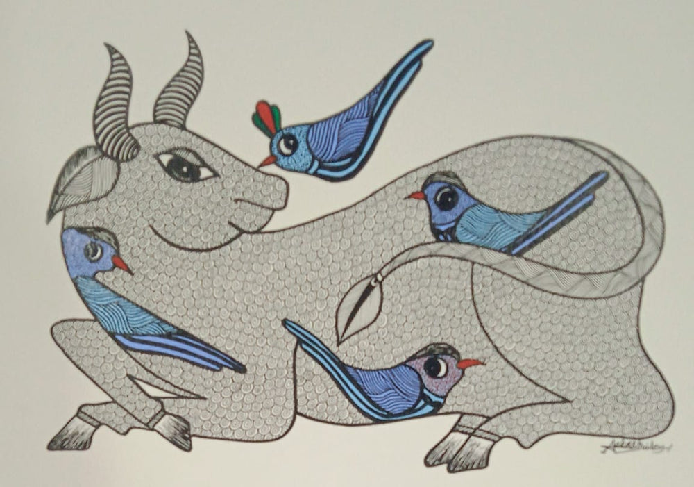 The Resting Bull and Blue Birds - Gond Paintings   Paintings