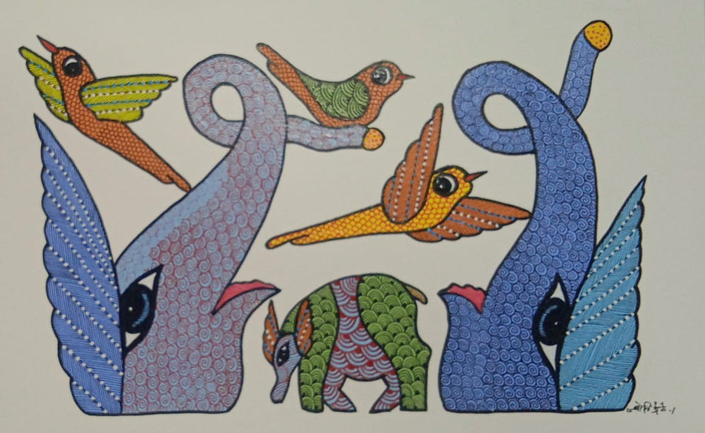 Elephants and Soaring Birds - Gond Painting   Paintings