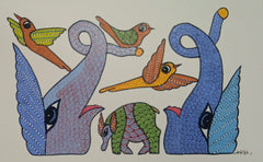 Elephants and Soaring Birds - Gond Painting   Paintings
