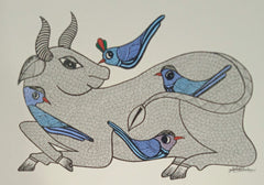 The Resting Bull and Blue Birds - Gond Paintings   Paintings