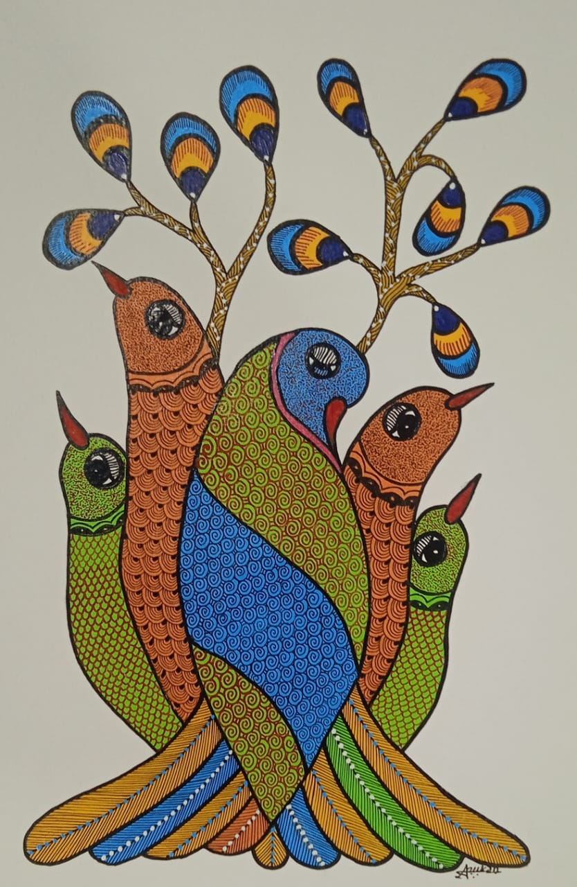 The Harmony of Five Birds Gond Painting   Paintings