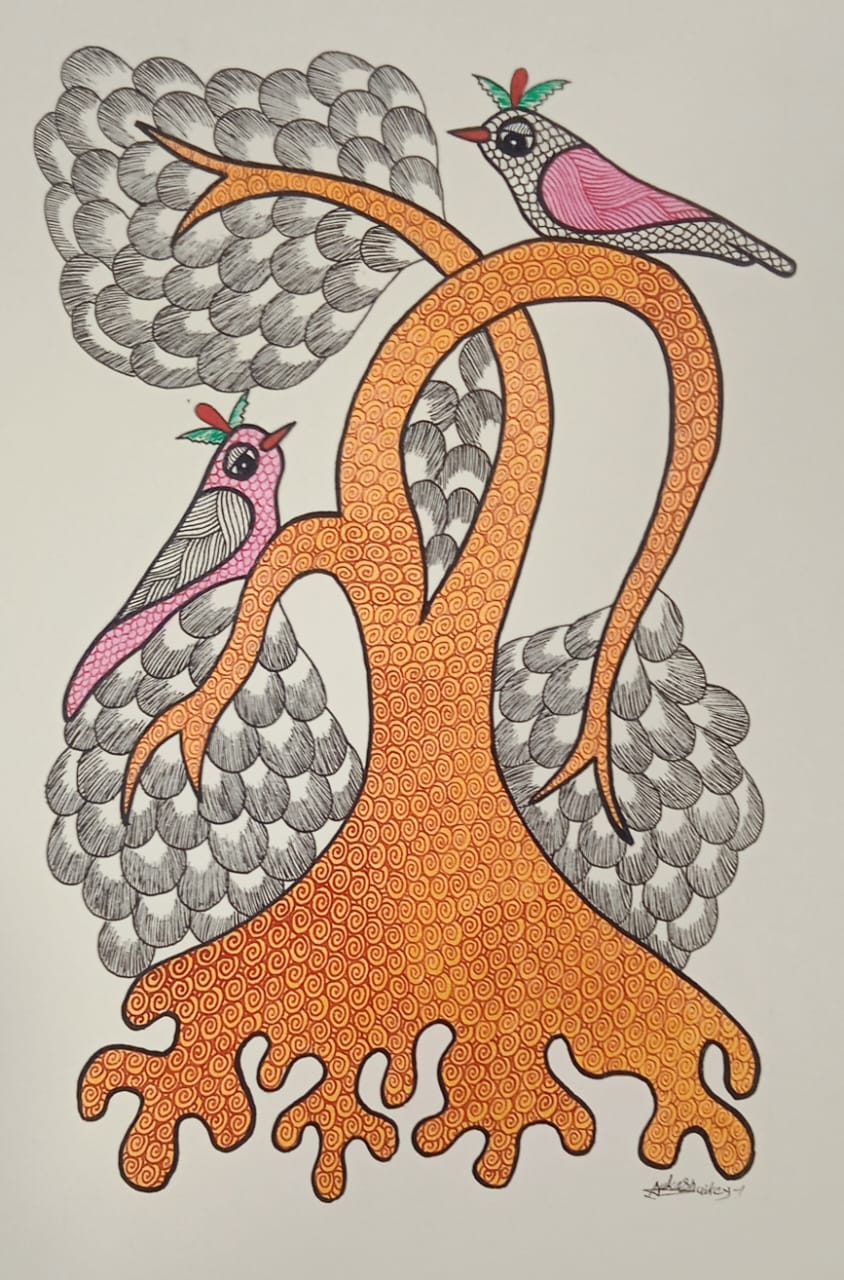 Twin Birds on Eternal Tree of Life Gond Painting   Paintings