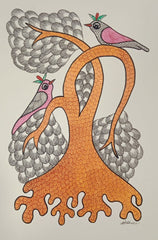 Twin Birds on Eternal Tree of Life Gond Painting   Paintings
