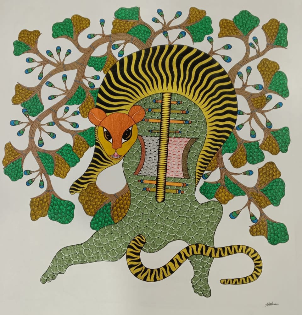 Tiger & Sacred Tree Gond Painting   Paintings
