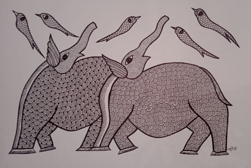 Elephant Painting Tribal Pen & Ink Wall Decor - Gond Painting   Paintings