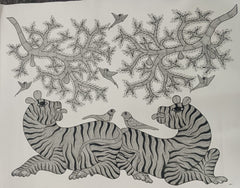 Striped Guardians – Monochrome Gond Art   Paintings