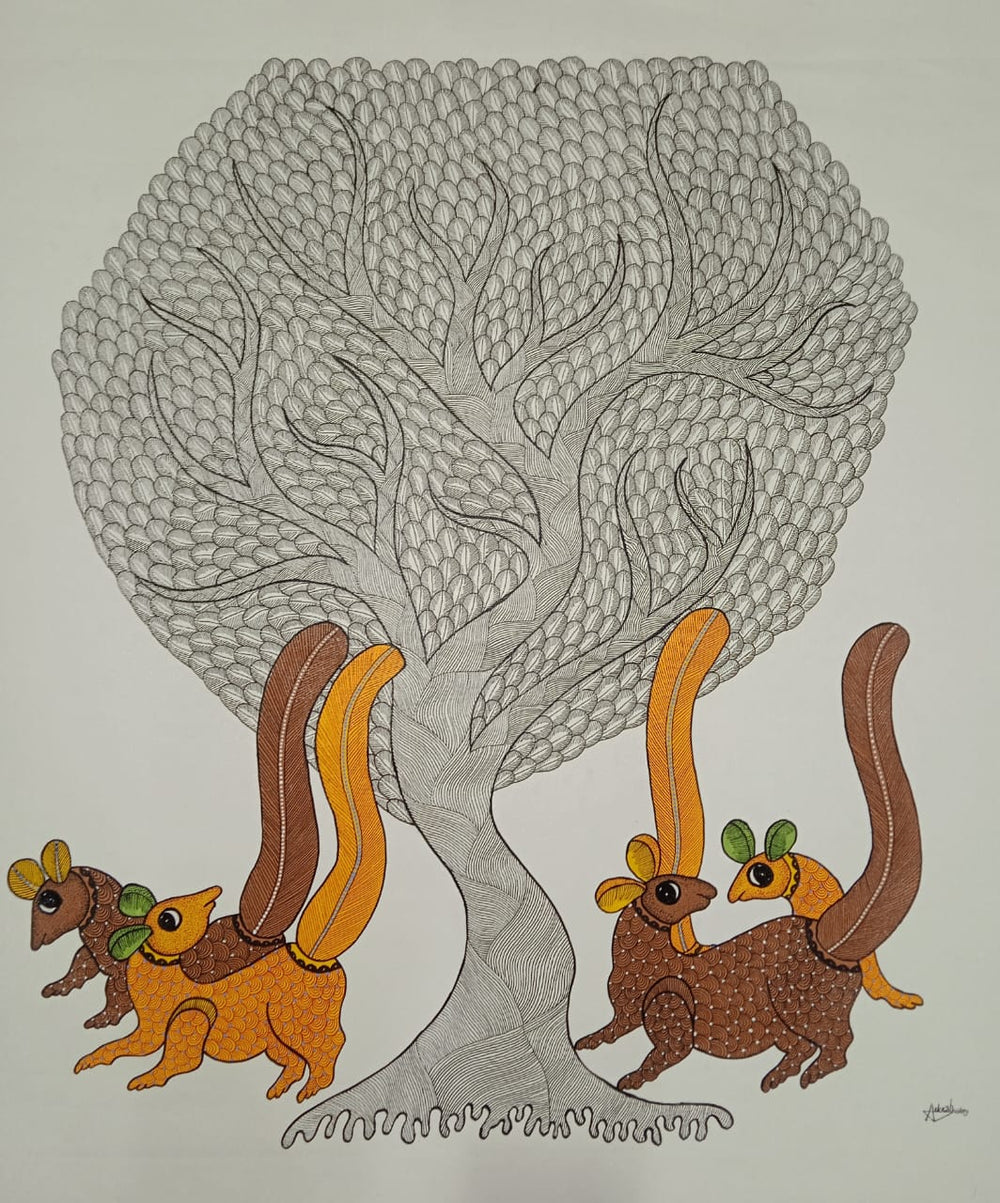 Patterned Tree with Woodland Spirits - Gond Painting   Paintings