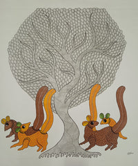 Patterned Tree with Woodland Spirits - Gond Painting   Paintings