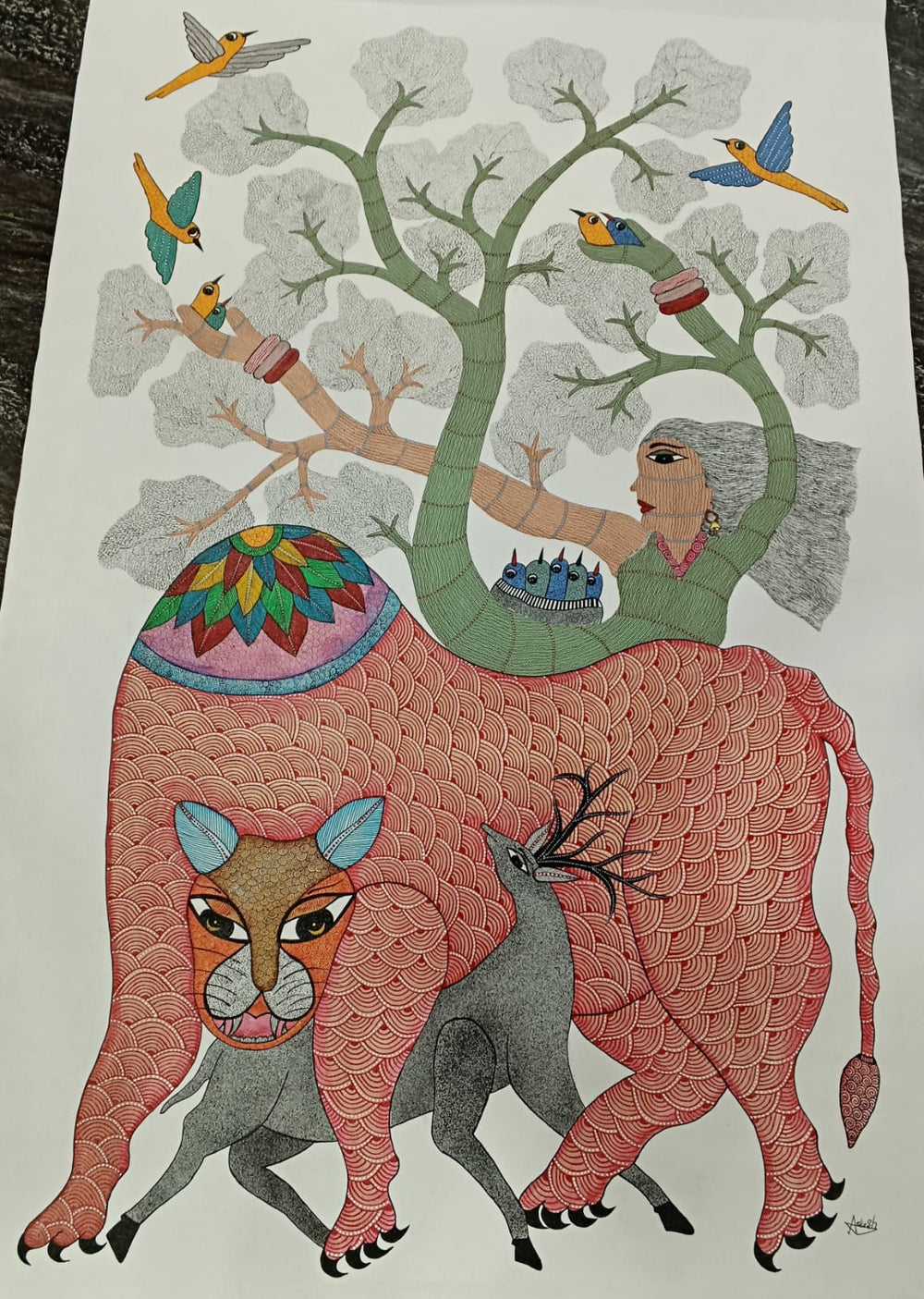 Forest Goddess (Van Devi) with Tiger & Stag – Gond Painting   Paintings