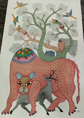 Forest Goddess (Van Devi) with Tiger & Stag – Gond Painting   Paintings