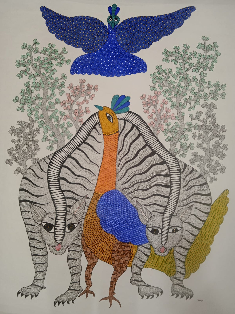 Forest Gathering – Twin Tigers & Peacock Gond Painting   Paintings