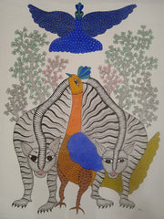 Forest Gathering – Twin Tigers & Peacock Gond Painting   Paintings
