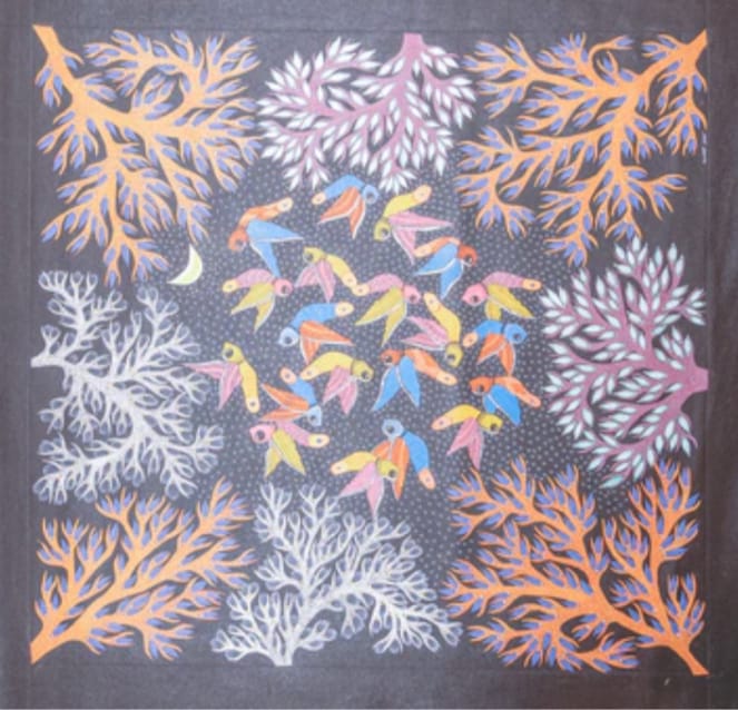 Moonlit Forest & Birds – Hand-Painted Gond Painting   Paintings