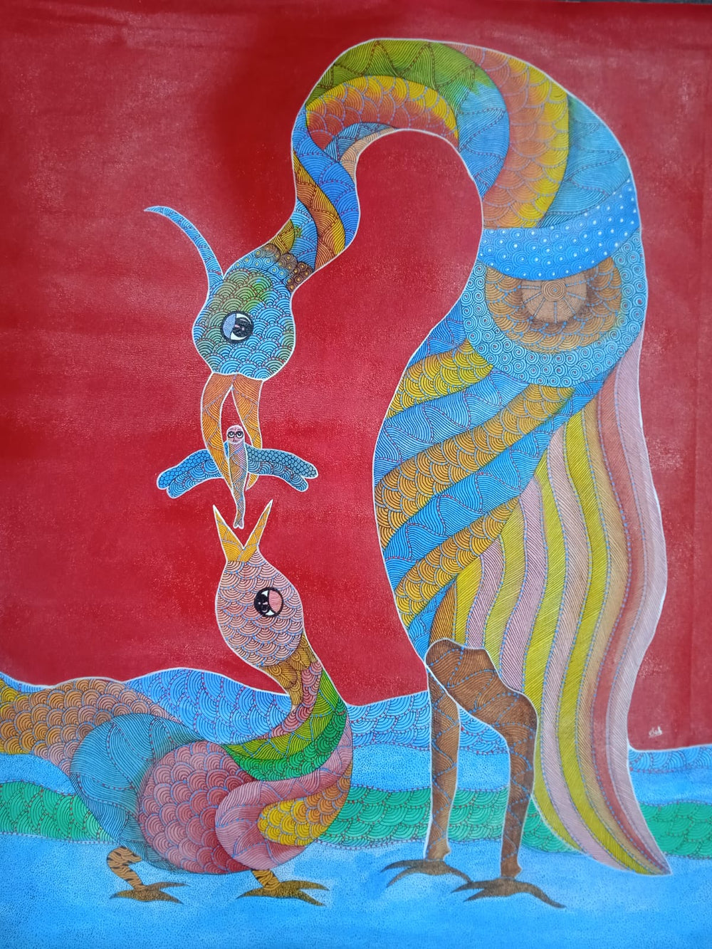 Forest Feeder – Mother Bird & Dragonfly Gond Painting   Paintings