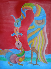 Forest Feeder – Mother Bird & Dragonfly Gond Painting   Paintings