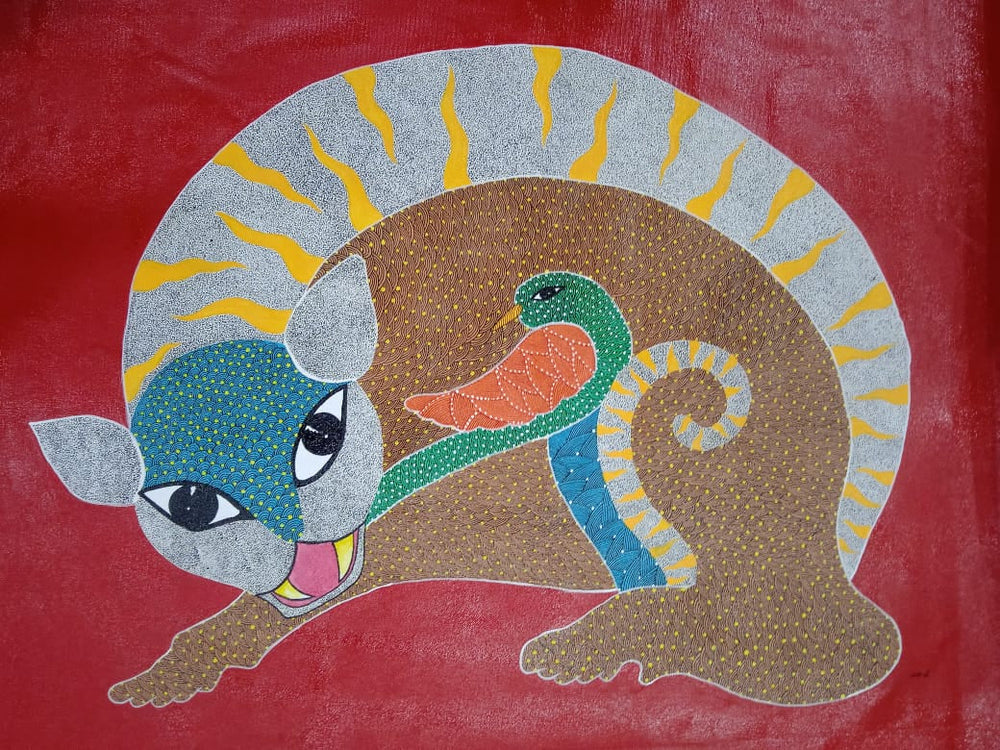 Tiger, Bird & Forest Spirits – Hand-Painted Gond Painting   Paintings