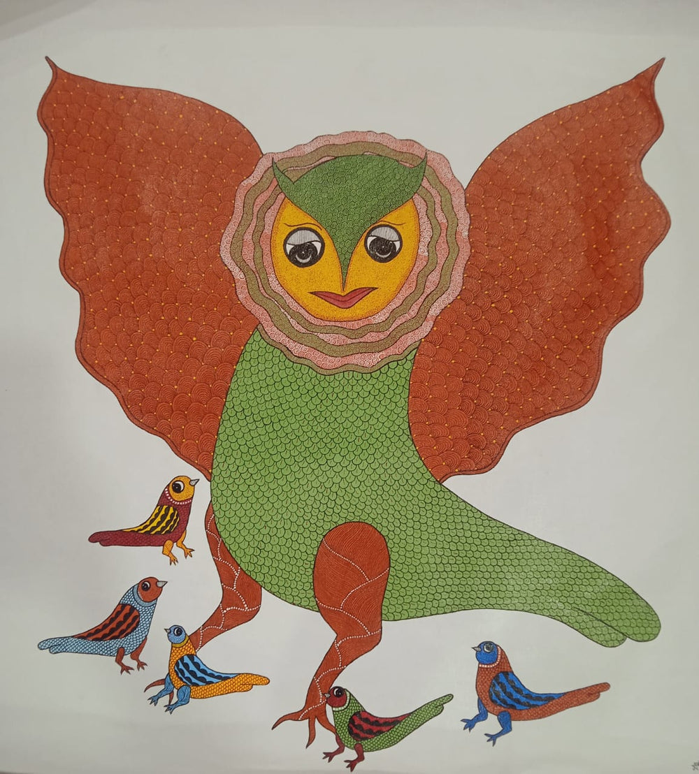 Owl & Bird Harmony – Contemporary Gond Painting   Paintings