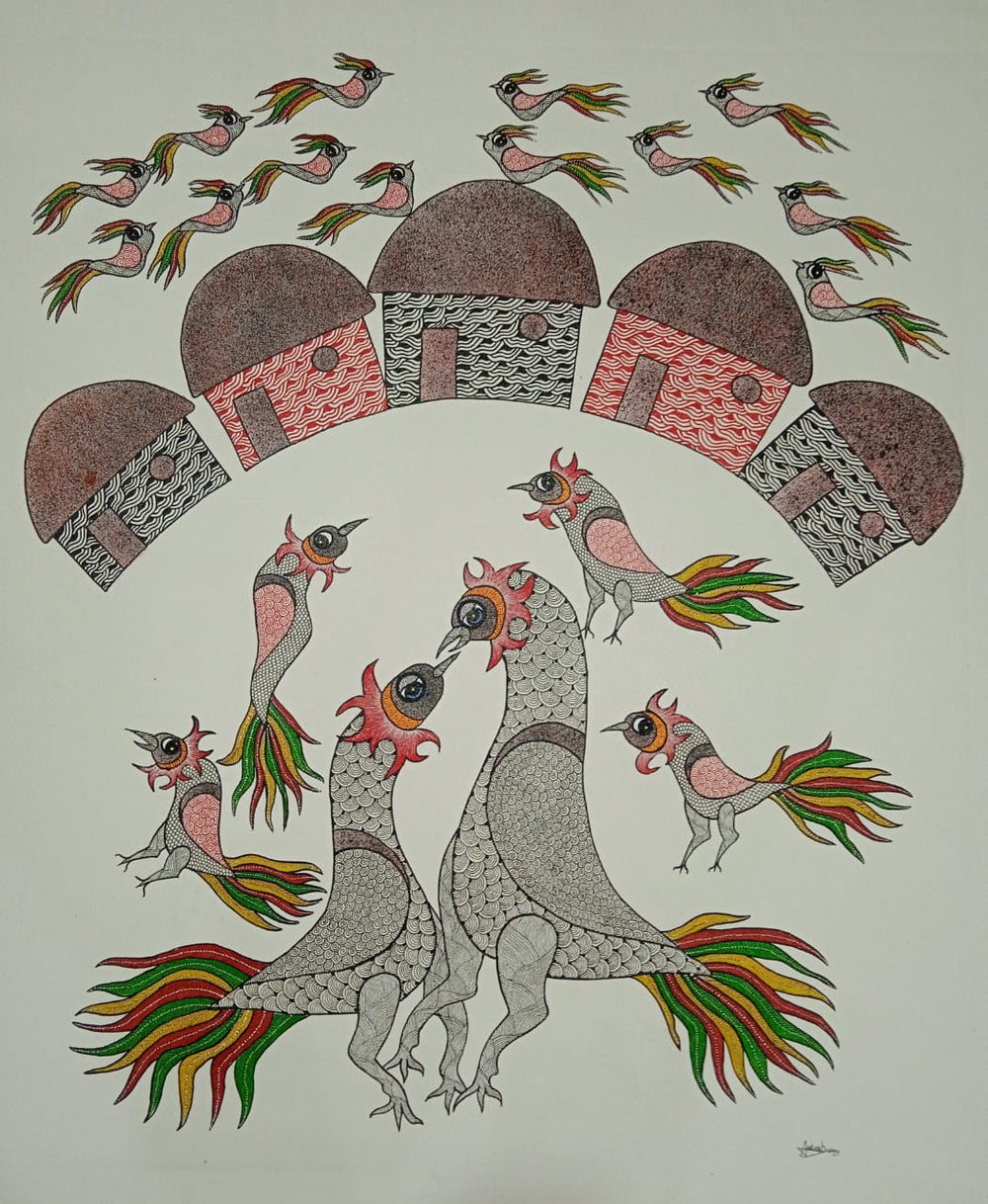Bird Circle with Tribal Homes – Handmade Gond Art   Paintings