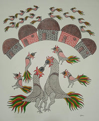Bird Circle with Tribal Homes – Handmade Gond Art   Paintings