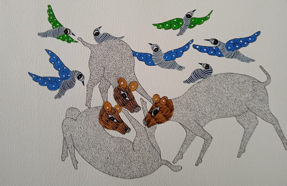 The Enchanted Forest – Deer & Flying Birds Gond Painting   Paintings
