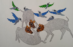 The Enchanted Forest – Deer & Flying Birds Gond Painting   Paintings