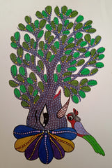 Elephant Tree of Life with Forest Bird – Gond Painting   Paintings