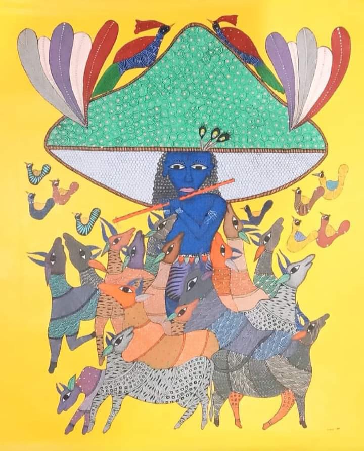 Lord Krishna Lifting Govardhana Giri Gond Painting   Paintings
