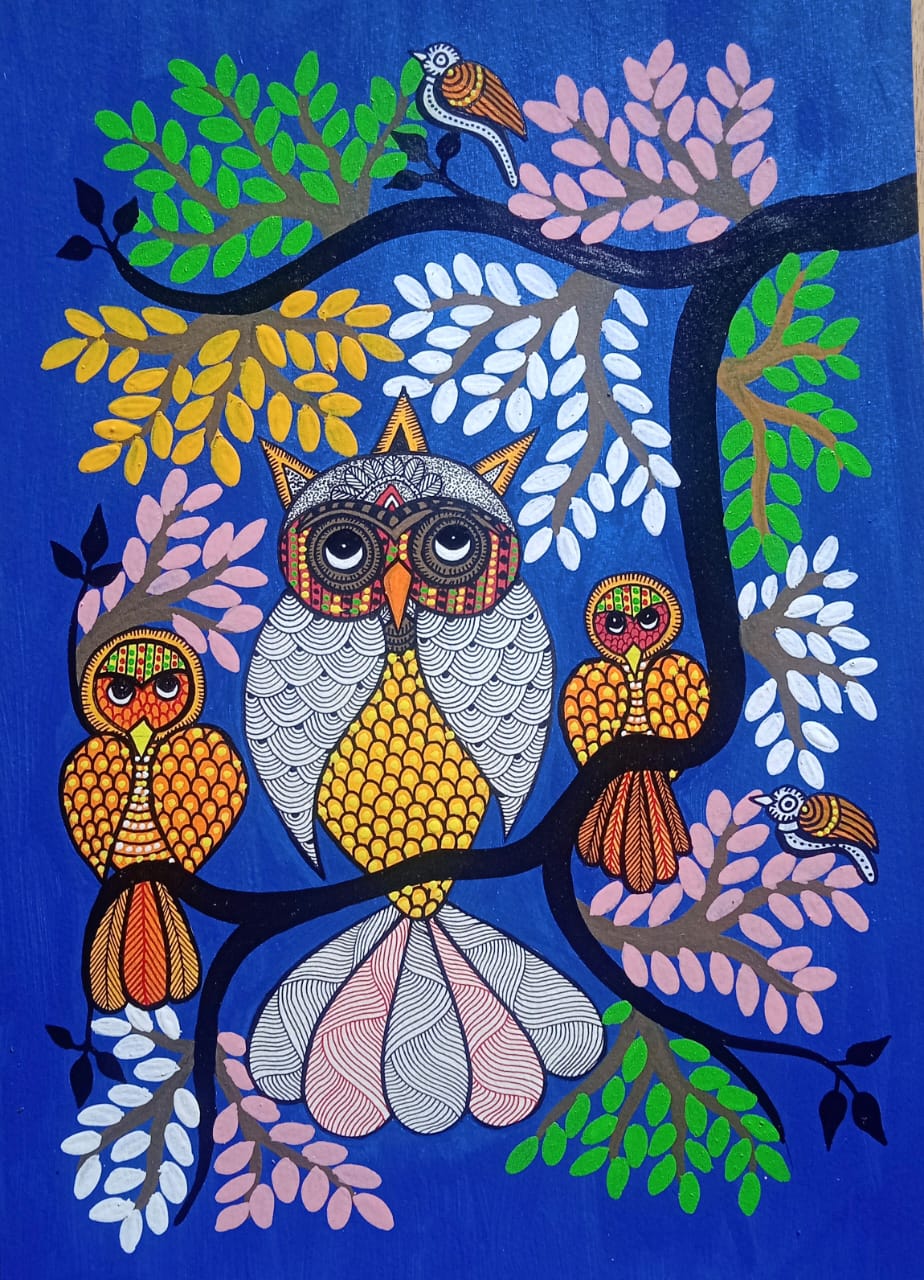Owl Family on Enchanted Forest – Hand-Painted Gond Painting   Paintings