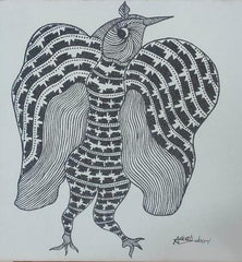 Black & White Stylized Forest Bird – Hand-Painted Gond Painting   Paintings