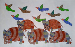 The Great Migration Elephant & Bird Gond Painting   Paintings