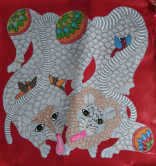 Sacred Twin Lions in Harmony – Handcrafted Gond Painting   Paintings