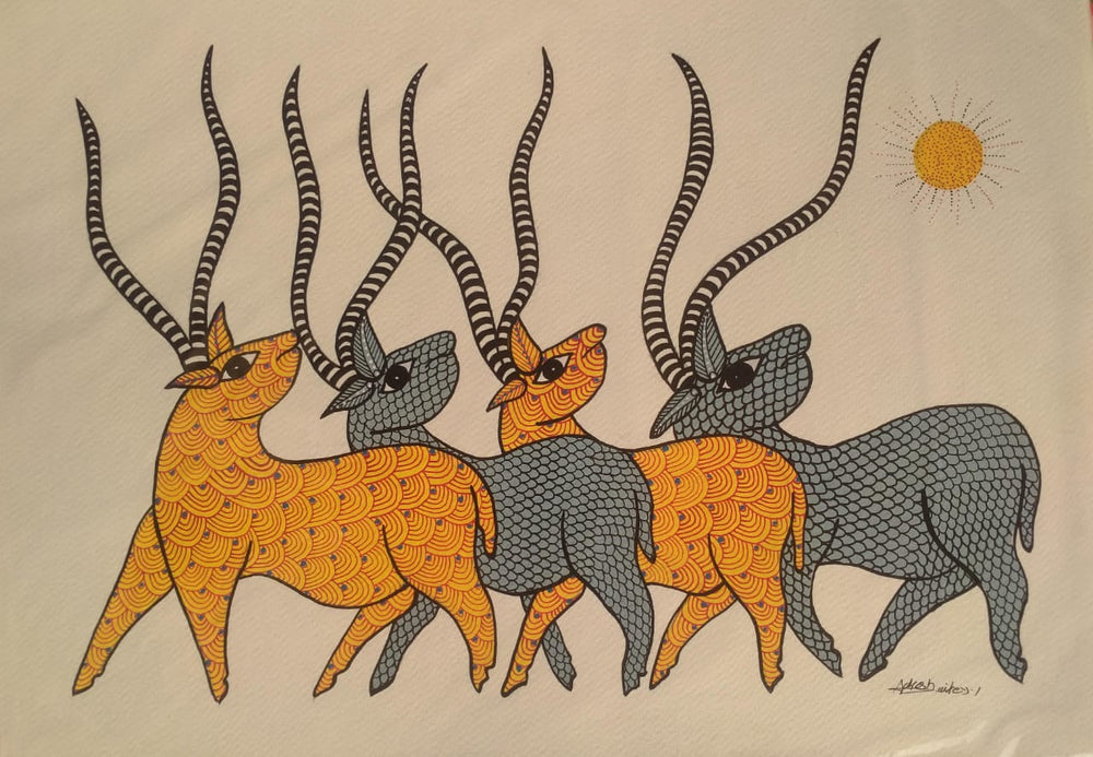 Hand-Painted Antelope Herd Forest Rhythm – Gond Painting   Paintings