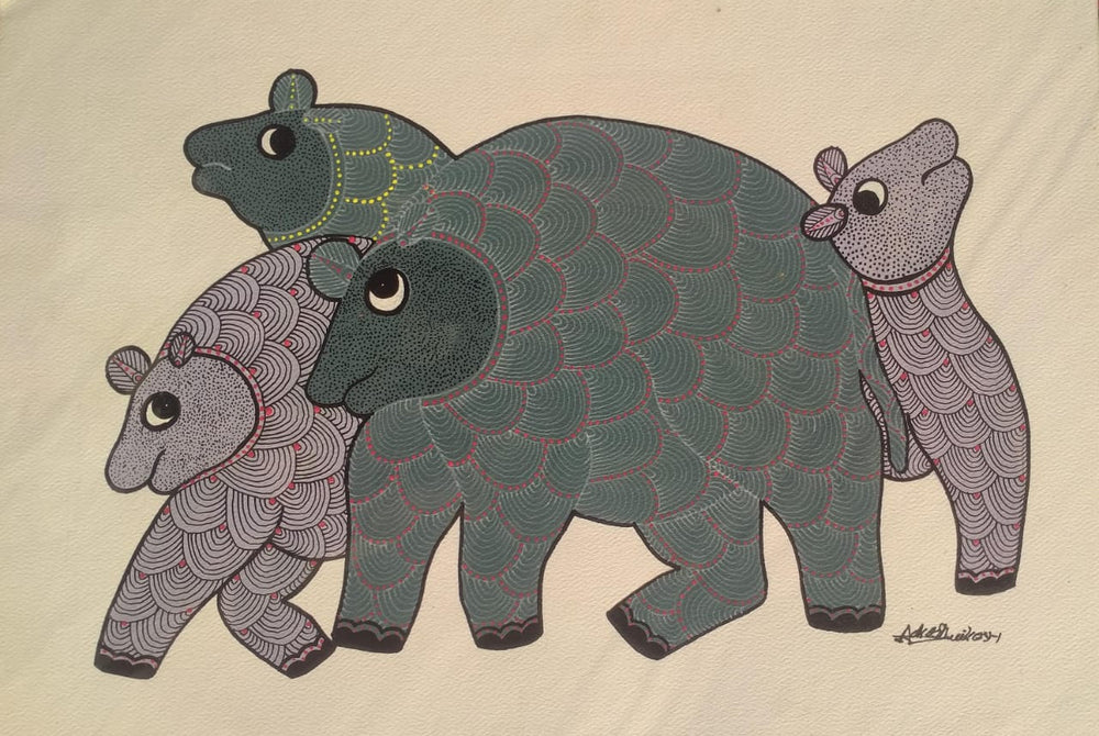 Bear Family Protective Bond – Traditional Gond Painting   Paintings