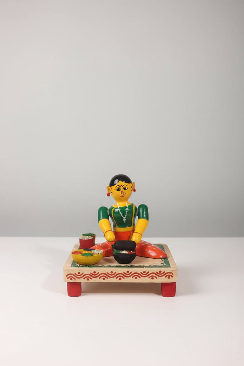 Etikoppaka Lacquerware Lady Grinding Spices Figurine   Etikoppaka Lacquerware